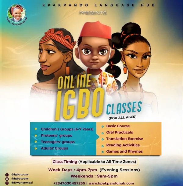 Online Igbo classes, Campaign flyer · Kpakpando Language Hub · Oluwaferanmi Iyiola